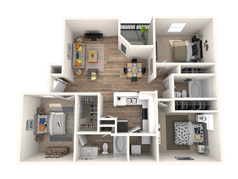 this is a 3d floor plan of a 884 square foot 1 bedroom apartment at the